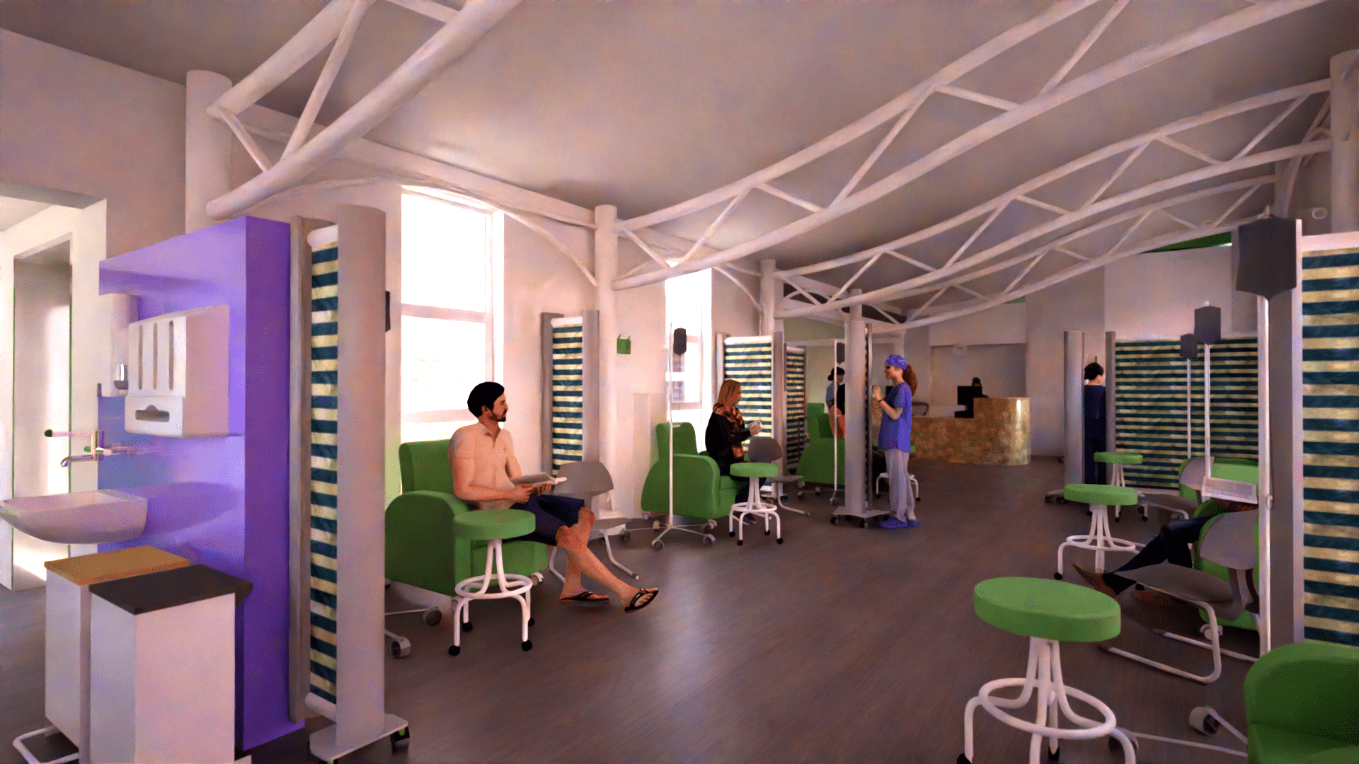 A digital drawing of the new chemotherapy unit showing comfy seating, greenery and more space