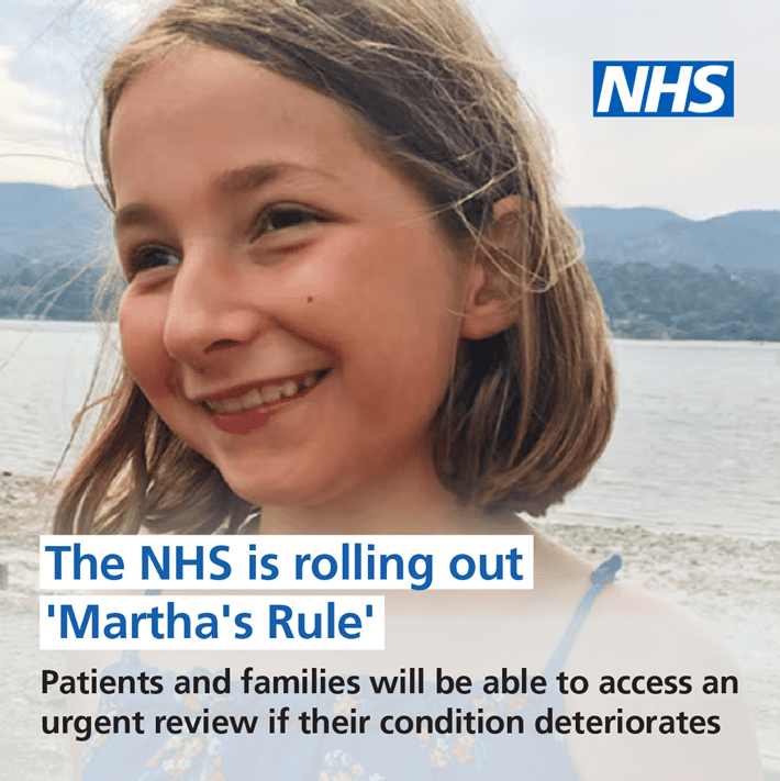 An image of a young girl. Text across the image reads: "The NHS is rolling out 'Martha's Rule'. Patients and families will be able to access an urgent review if their condition deteriorates.