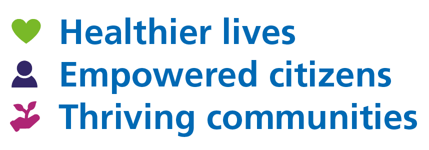 A logo which reads "Healthier lives, Empowered citizens, Thriving communities".