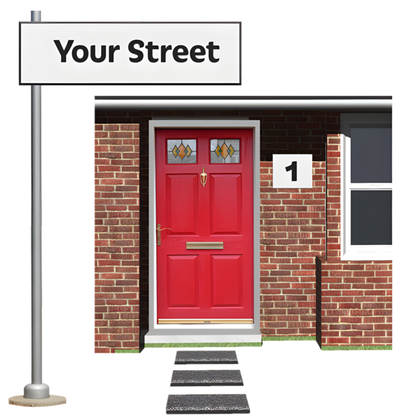 An image of a house with a red door. It has the number one on the wall.