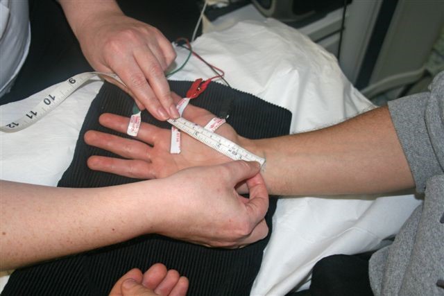 A person measuring someone's hand with a measuring tape.