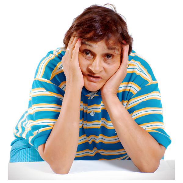 A person in a blue, yellow and while striped t-shirt looking frustrated and fed up.