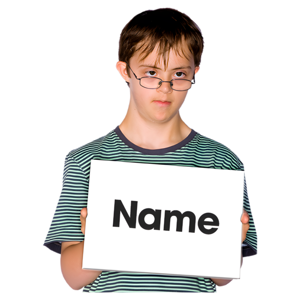 A person holding a card up that reads 'Name'.