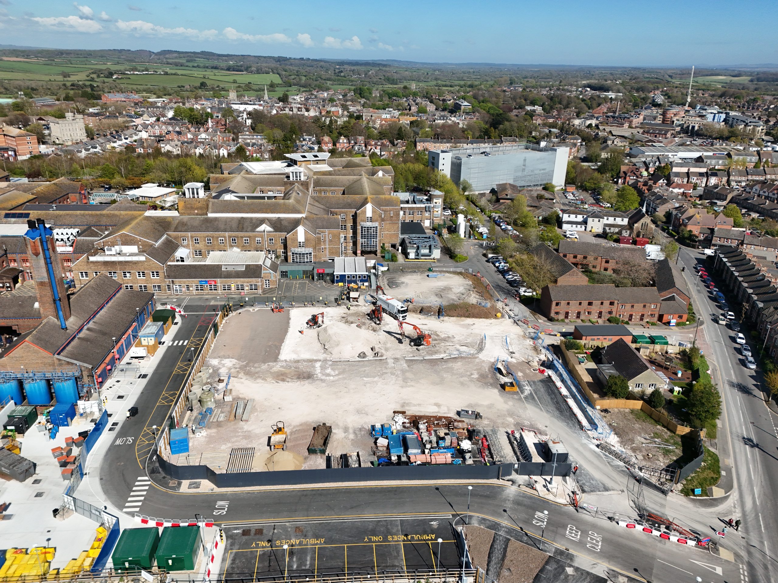 An aerial image of construction site of a hospital.