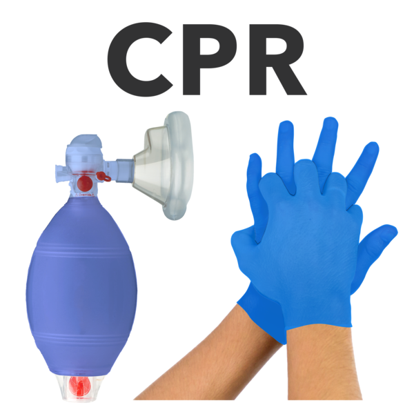 An image showing a CPR manual resuscitator and a pair of hands wearing blue gloves, with the acronym 'CPR' displayed above.