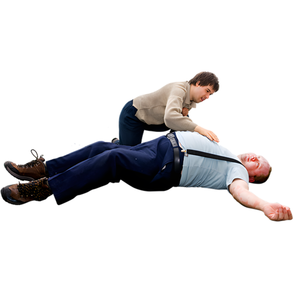 A person helping another person who has collapsed on the floor.