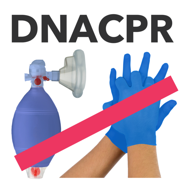 An image showing a CPR manual resuscitator and a pair of hands wearing blue gloves, with the acronym 'DNACPR' displayed above. A red line is striking through the image.