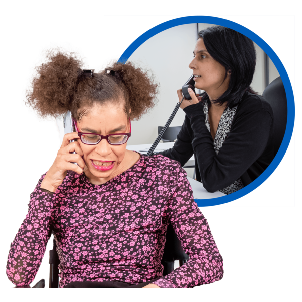 A person in a wheelchair is talking on a landline phone, showing an expression of concern. In the background, another person is also speaking on the phone, depicted within a circular inset. Both individuals appear engaged in serious conversations.