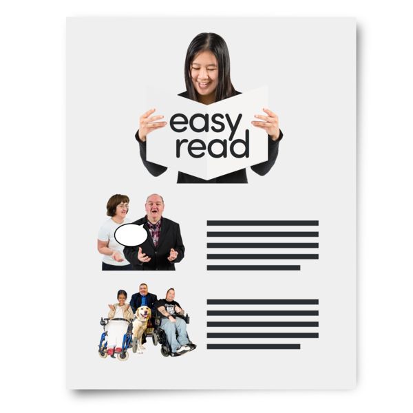 A person holding a sign that says 'easy read' above images of various people interacting and smiling, with text lines below.