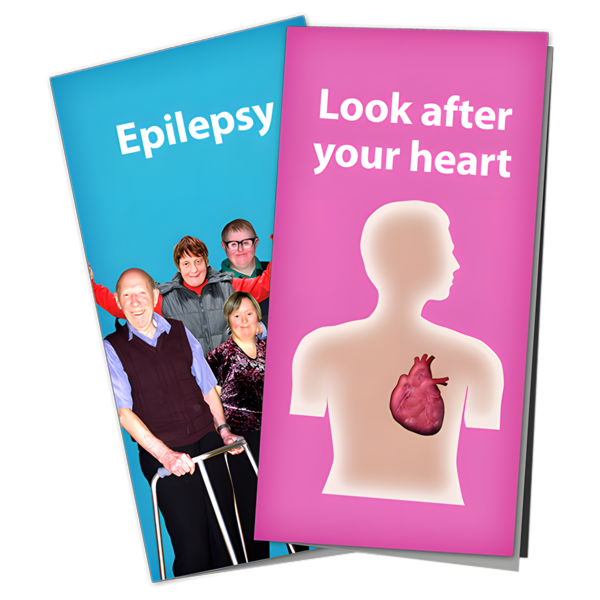 Two health awareness posters side by side; one titled 'Epilepsy' featuring a group of smiling individuals, and another titled 'Look after your heart' with an illustration of a human silhouette and heart.