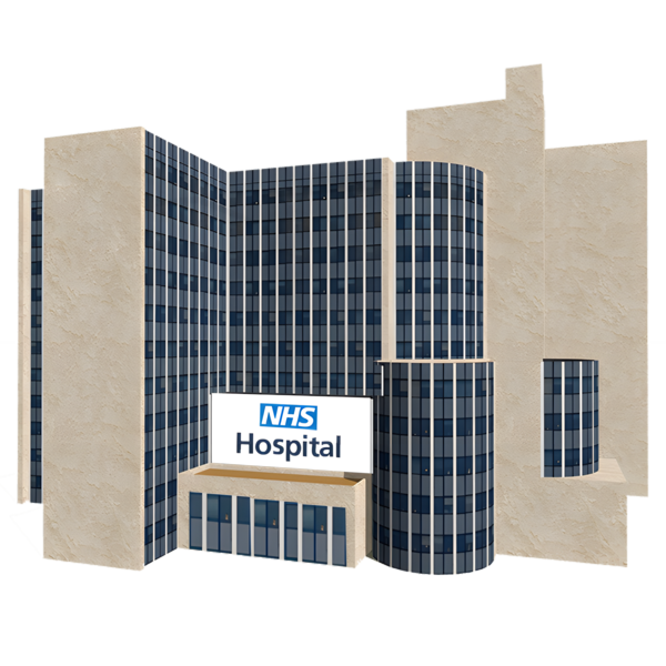 A digital illustration of an NHS hospital building with a modern design, featuring a curved façade with blue checked patterns and rectangular stone structures.
