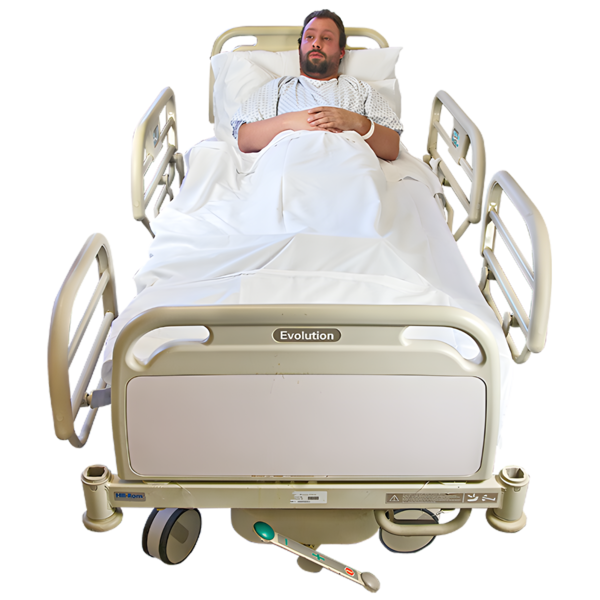 A person resting in a hospital bed.