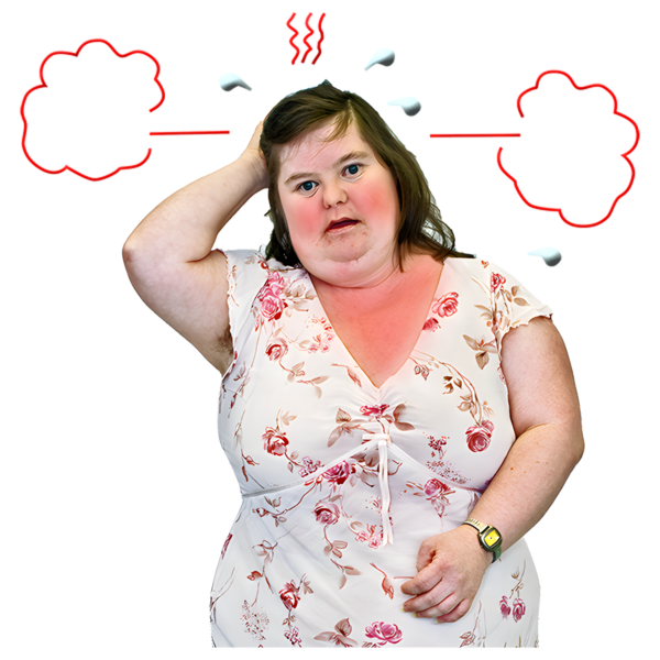 A person suffering with the heat. They have 'red steam' coming out from the sides of her head.