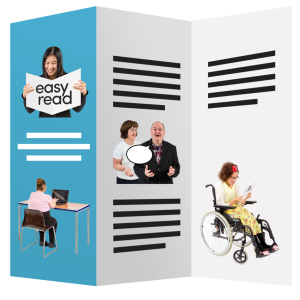 A leaflet design featuring the phrase 'easy read' held by a smiling person, images of various individuals engaged in reading and using technology, such as tablets and computers, set against a clean, geometric background with text placeholders.