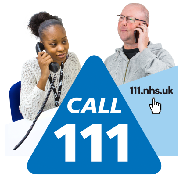 Two people using phones, with a large sign featuring 'Call 111' and the NHS logo.