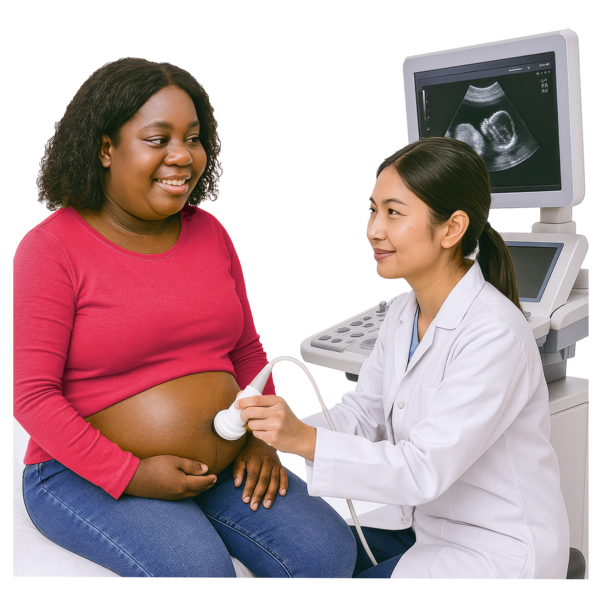A healthcare professional is using an ultrasound machine on a smiling pregnant person in a medical setting.