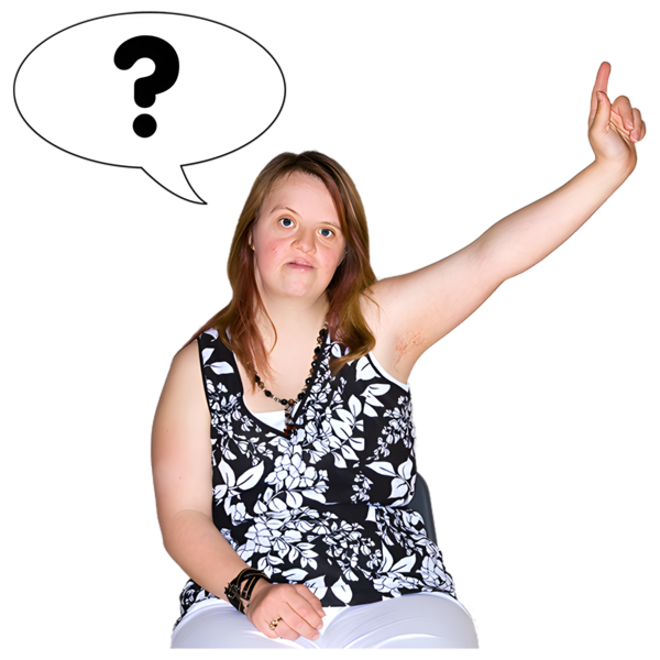 A person sitting on a stool, pointing upwards and thinking, depicted with a speech bubble containing a question mark.