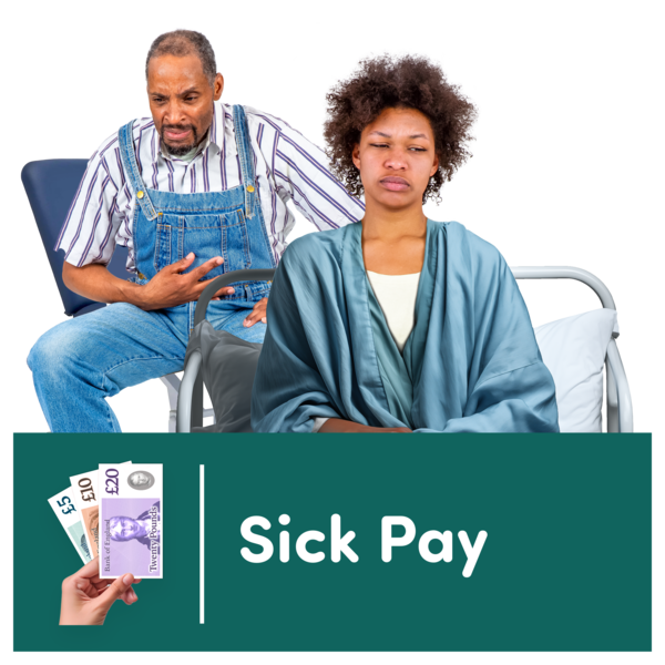 Two adults sitting and discussing, with an illustrated label that reads 'Sick Pay' and shows currency notes.