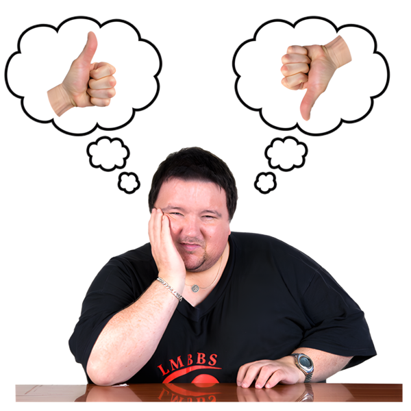 An individual wearing a black shirt sitting at a table, resting their chin on their hand with a thoughtful expression, surrounded by three thought bubbles each containing a thumbs-up sign.