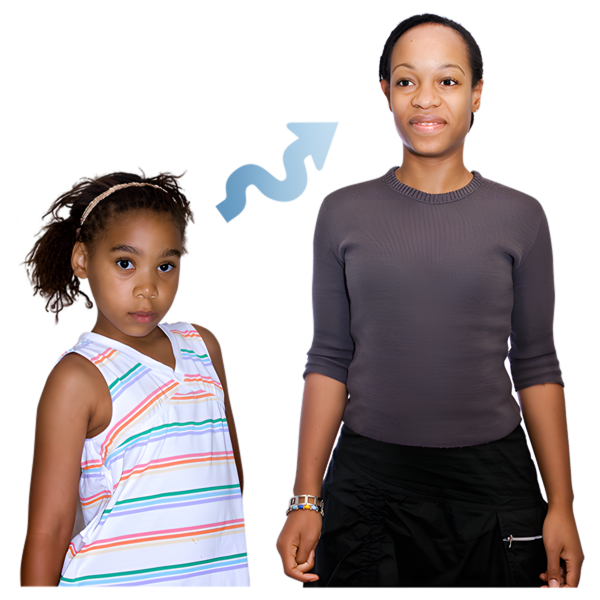 An adult and a child standing side by side, with a blue curved arrow pointing from the child to the adult, indicating growth or progression.