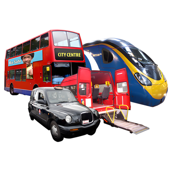 A number of public transport vehicles - a bus, train, car and taxi.