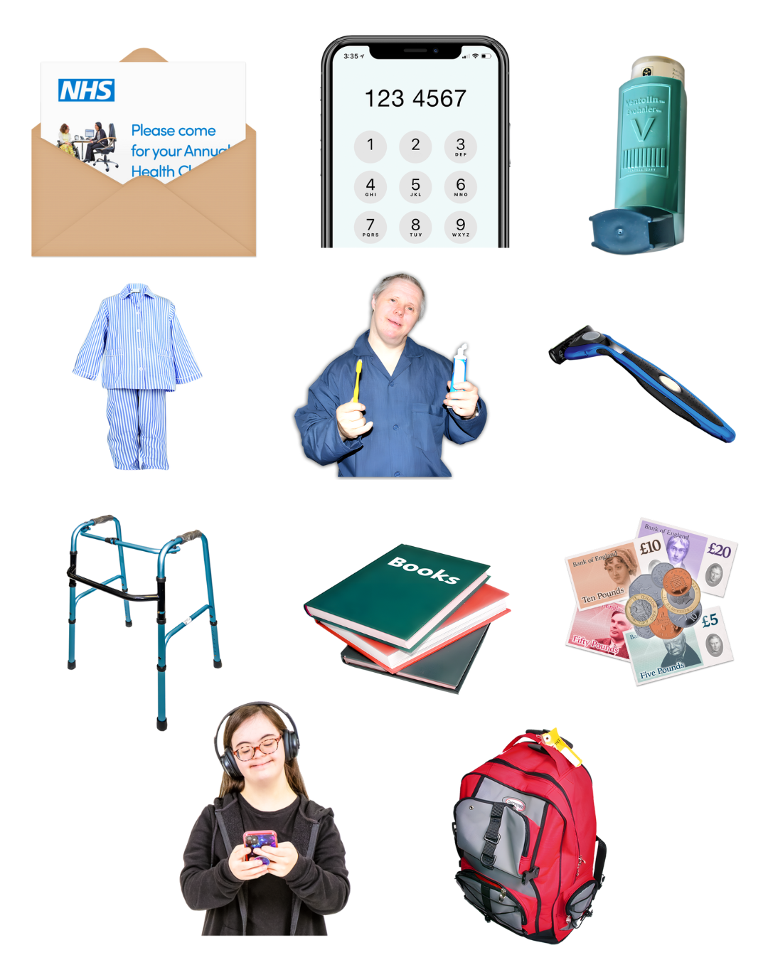 A collage of various items including an NHS flyer, a mobile phone displaying a keypad, an inhaler, striped pyjamas, a person holding a toothbrush, a black razor, a walker, a stack of books, a person wearing headphones, and a red backpack.