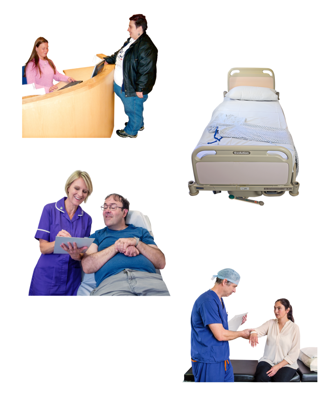 A combination of images - a person waiting at a reception desk, a hospital bed, a nurse helping a patient and a doctor checking a patient's pulse.