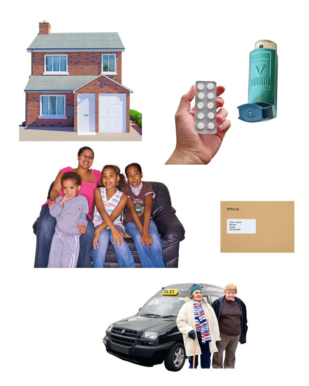 A combination of images including a house, medicine, a family sitting together on a house, a letter and a taxi.