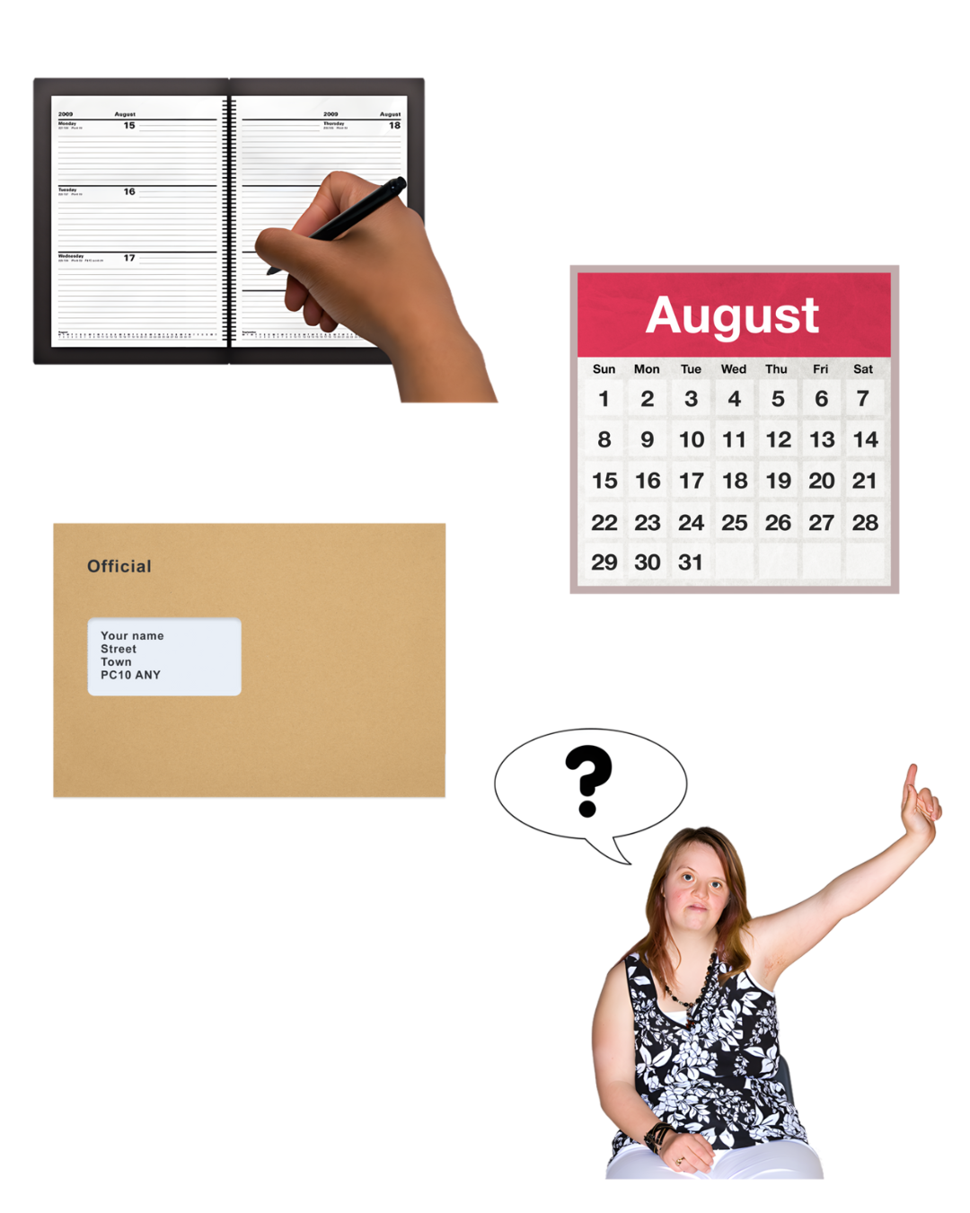 A combination of photos including a diary, calendar, letter and a person asking a question.