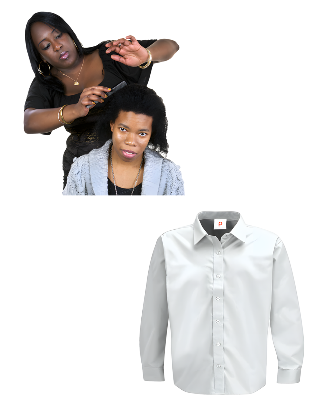 Two images - one of a person combing another person's hair and a white buttoned shirt.