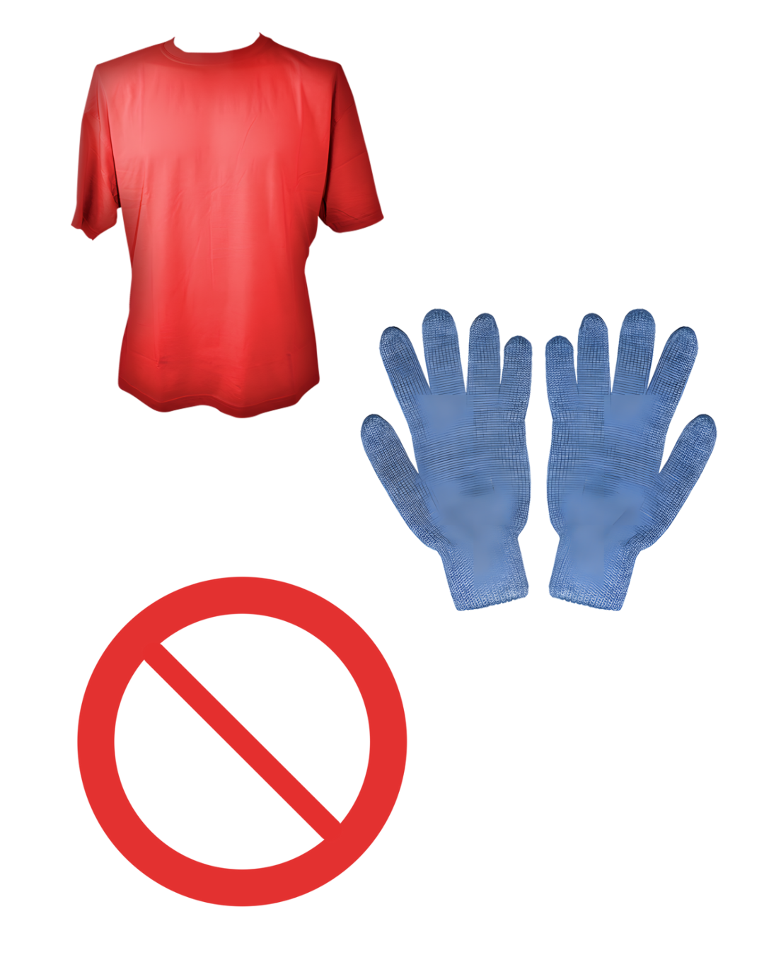 A combination of three images - a read t-shirt, a pair of blue gloves and a red circle with a line through the middle.
