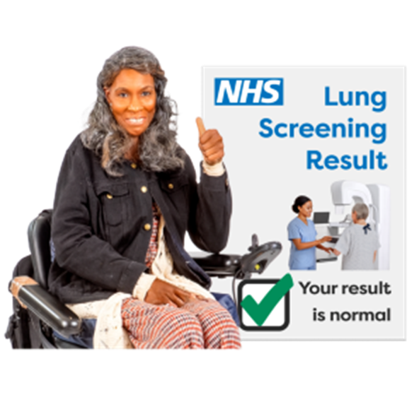 An individual in a wheelchair giving a thumbs up. Next to her is a leaflet which says 'your result is normal'.
