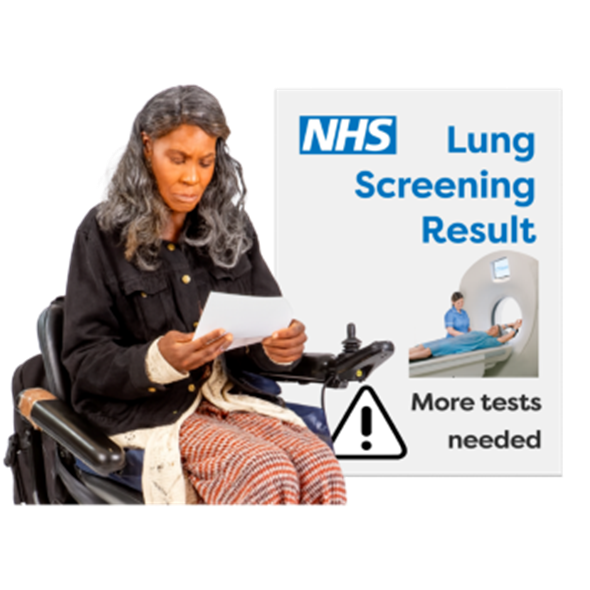 An individual in a wheelchair reading a letter. Next to her is a leaflet which says 'more tests needed'.