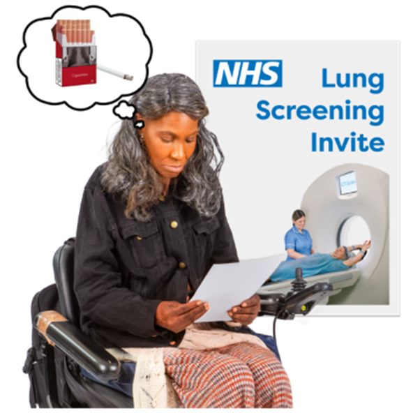 An individual in a wheelchair reading a letter, inviting her to her lung cancer screening. A thinking bubble is next to her with an image of a pack of cigarettes.