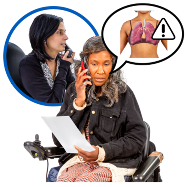 An individual in a wheelchair is on the phone to a medical professional. She is holding a letter.