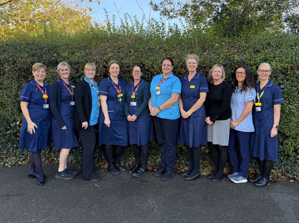 A group of healthcare professionals standing in a line posing for a photo. They are standing outside in front of green bushes with a blue sky above them.