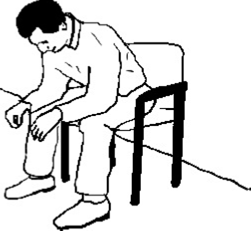 A drawing of a person sitting on a chair. Their head is hung a little and their arms are resting on their knees.