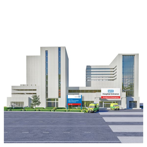 A drawing of a hospital building. Outside you can see signs that read: 'Hospital Entrance Accident and Emergency'. Two ambulances are parked outside.