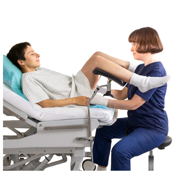 A person is sitting on a bed for a medical procedure. Their legs are in supports and a medical professional is sitting at the end of the bed.