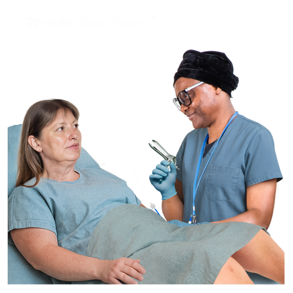 A patient lying on a procedure bed. A medical professional is standing next to them holding a speculum.