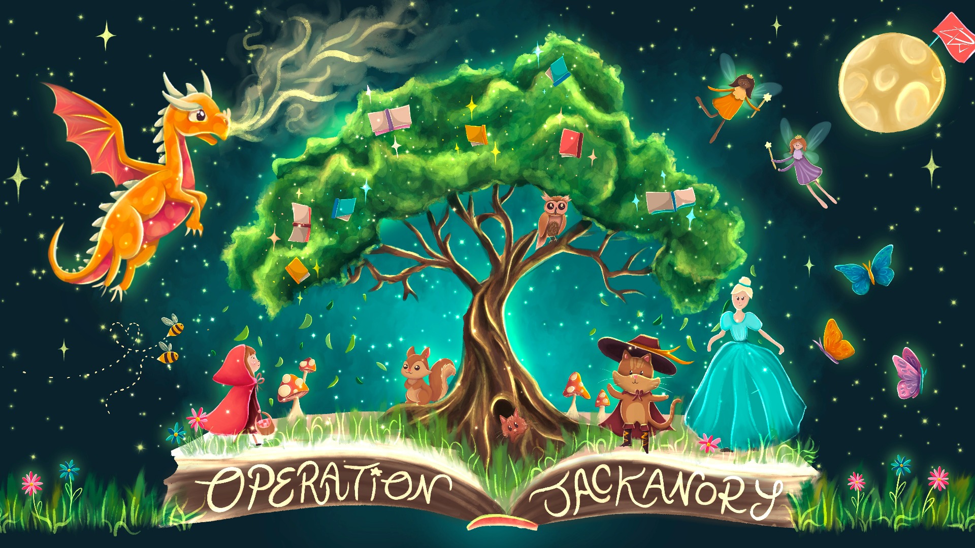 A colourful design of a tree sitting on an open book, surrounded by characters. Wording on the book reads: 'Operation Jackanory'.