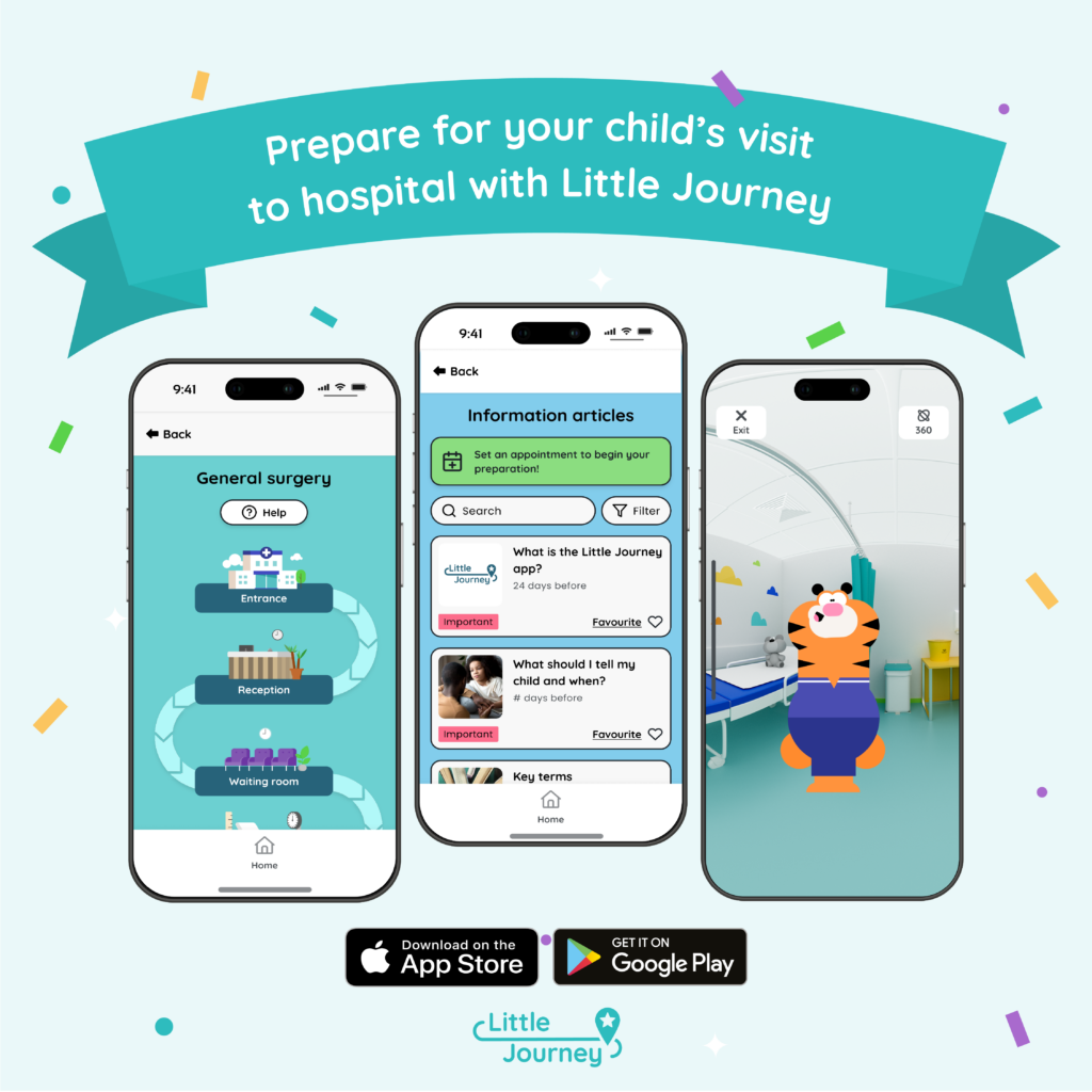 Three smartphones display the Little Journey app. The screens show different sections: a hospital map, information articles, and an animated character in a hospital setting. The top text encourages preparing for a child's hospital visit with Little Journey. App Store and Google Play logos are at the bottom.