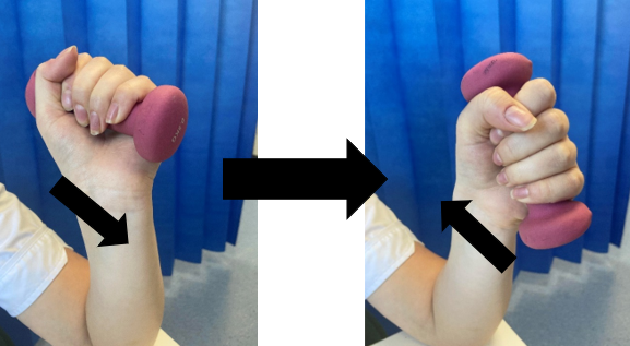 A person demonstrating hand exercises with a small weight.