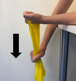 A person demonstrating wrist strengthening exercises with a band.