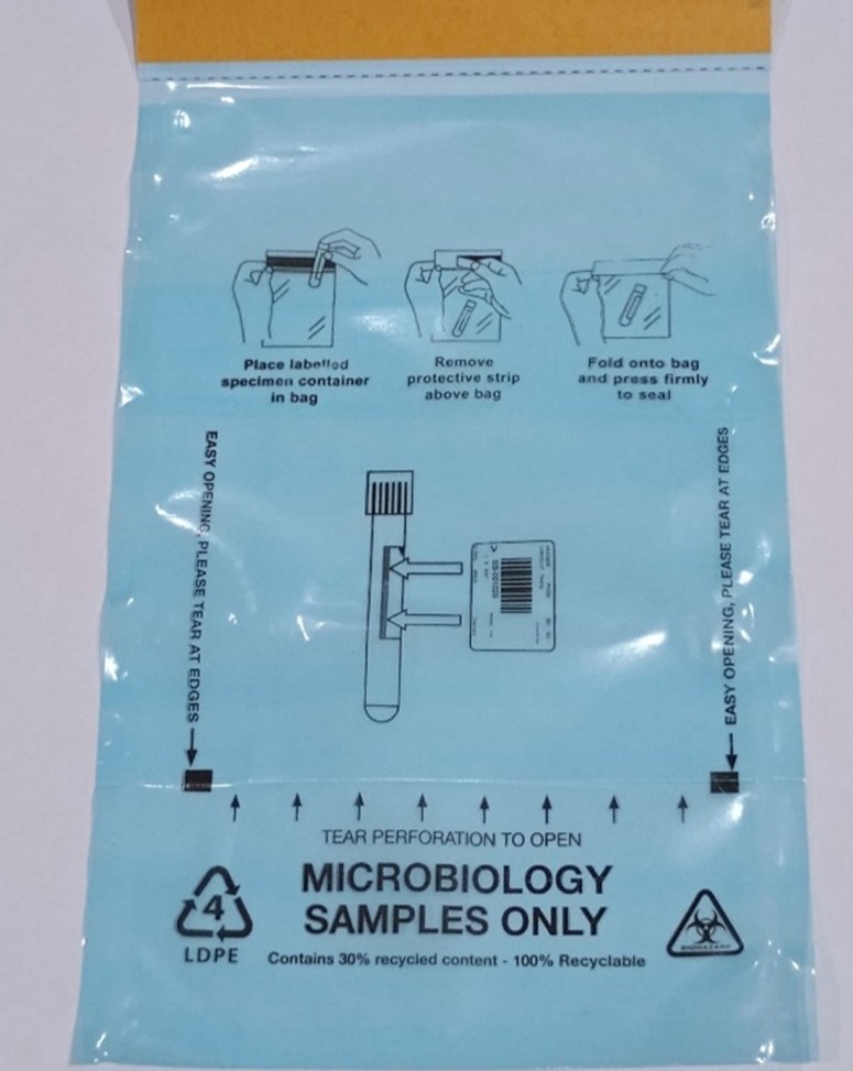 An empty blue microbiology samples only bag.