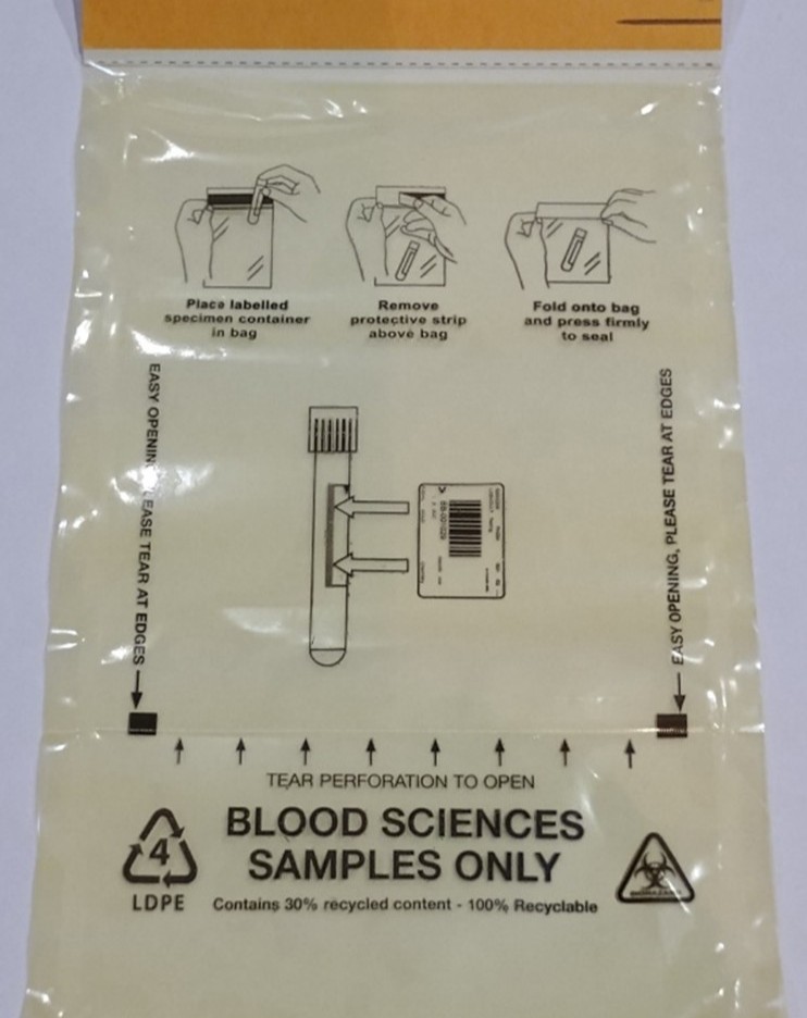 An empty yellow blood sciences samples only specimen bag.