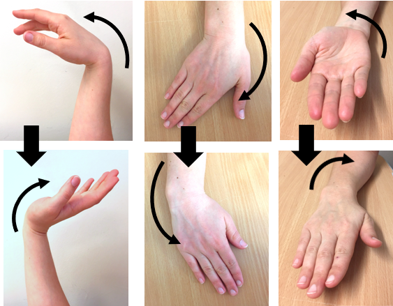 A number of photos demonstrating different wrist exercises as part of hand therapy.