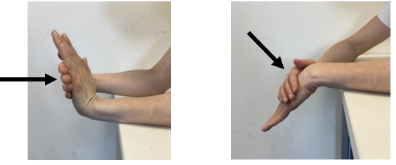 A number of photos demonstrating different wrist exercises as part of hand therapy.