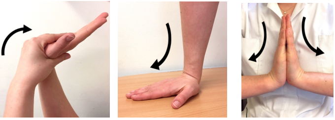 A number of photos demonstrating different wrist exercises as part of hand therapy.