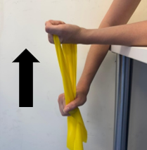 A person demonstrating wrist strengthening exercises with a band.